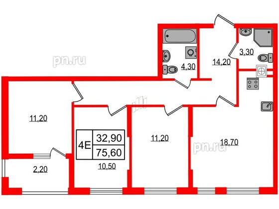 Квартира в ЖК «Дом на Красной», 3 комнатная, 75.6 м², 1 этаж