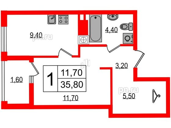 Квартира в ЖК «Дом на Красной», 1 комнатная, 35.8 м², 8 этаж