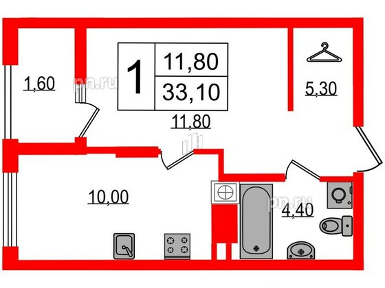 Квартира в ЖК «Дом на Красной», 1 комнатная, 33.1 м², 7 этаж