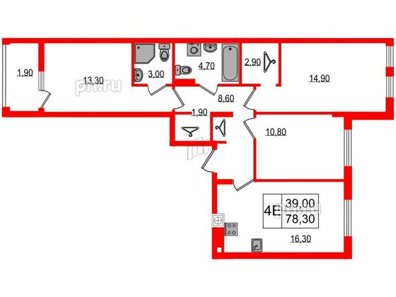 Квартира в ЖК «Дом на Красной», 3 комнатная, 78.3 м², 6 этаж