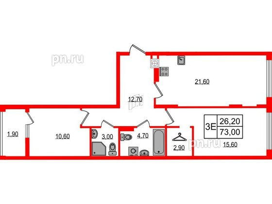 Квартира в ЖК «Дом на Красной», 2 комнатная, 73 м², 5 этаж