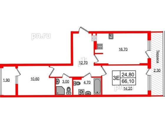 Квартира в ЖК «Дом на Красной», 2 комнатная, 66.1 м², 7 этаж