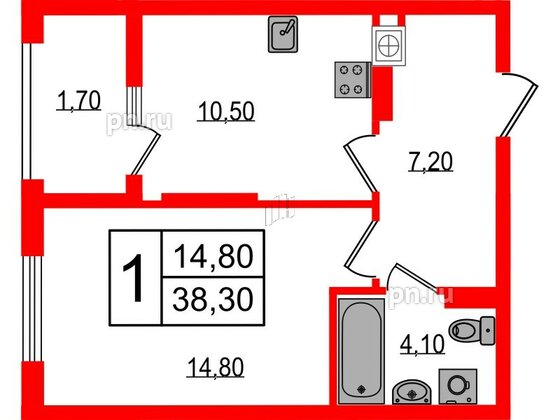 Квартира в ЖК «Дом на Красной», 1 комнатная, 38.3 м², 8 этаж