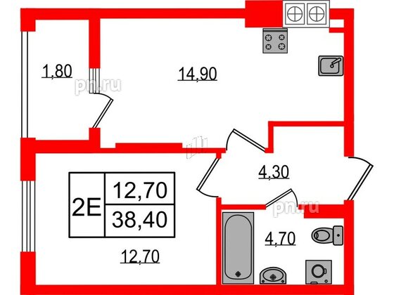 Квартира в ЖК «Дом на Красной», 1 комнатная, 38.4 м², 8 этаж