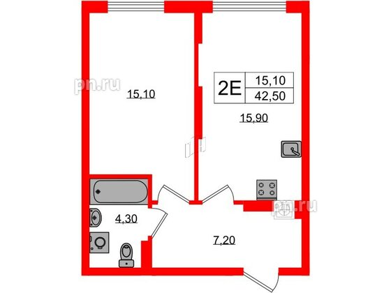 Квартира в ЖК «Дом на Красной», 1 комнатная, 42.5 м², 5 этаж