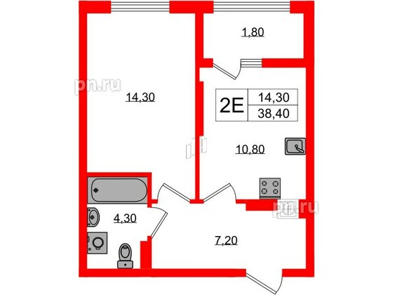 Квартира в ЖК «Дом на Красной», 1 комнатная, 38.4 м², 8 этаж
