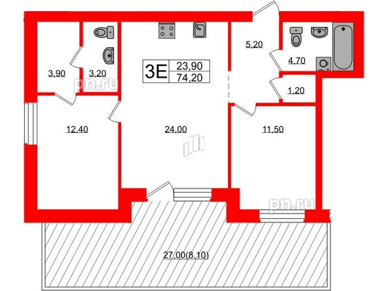 Квартира в ЖК «Сиреневый бульвар», 2 комнатная, 74.2 м², 1 этаж
