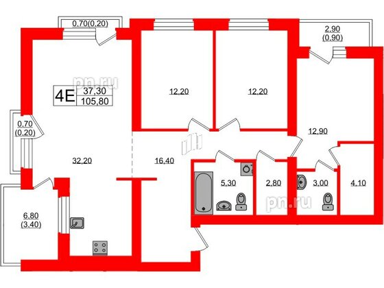 Квартира в ЖК «Сиреневый бульвар», 3 комнатная, 105.8 м², 2 этаж