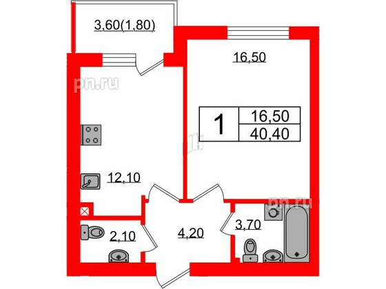 Квартира в ЖК «Сиреневый бульвар», 1 комнатная, 40.4 м², 1 этаж