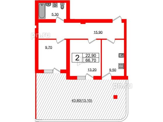 Квартира в ЖК «Сиреневый бульвар», 2 комнатная, 66.7 м², 1 этаж