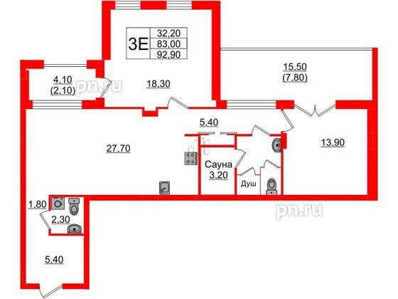 Квартира в ЖК «Вдохновение» ЭКОквартал «Русская Европа», 2 комнатная, 92.9 м², 10 этаж