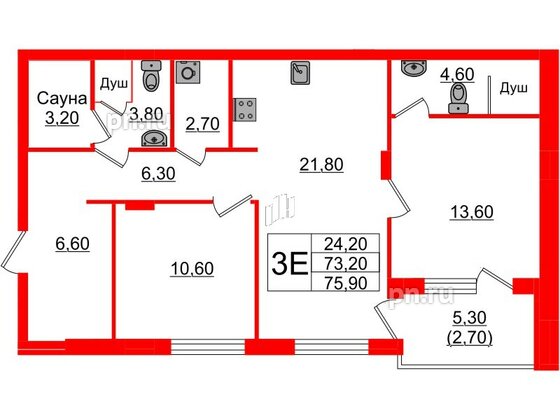 Квартира в ЖК «Вдохновение» ЭКОквартал «Русская Европа», 2 комнатная, 75.9 м², 10 этаж