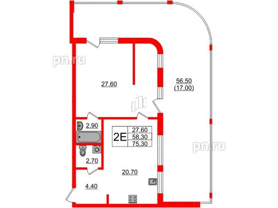 Квартира в ЖК «Вдохновение» ЭКОквартал «Русская Европа», 1 комнатная, 75.3 м², 3 этаж
