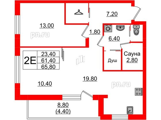 Квартира в ЖК «Вдохновение» ЭКОквартал «Русская Европа», 2 комнатная, 65.8 м², 7 этаж