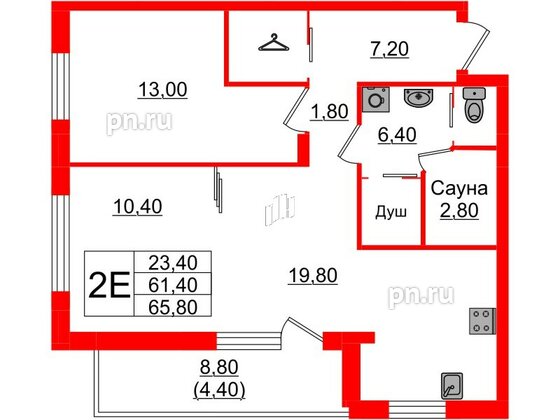 Квартира в ЖК «Вдохновение» ЭКОквартал «Русская Европа», 2 комнатная, 65.8 м², 11 этаж