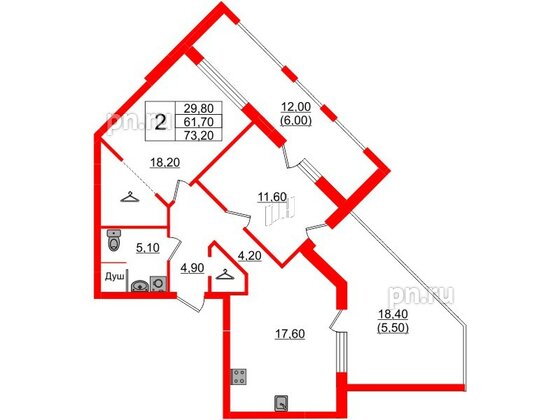 Квартира в ЖК «Вдохновение» ЭКОквартал «Русская Европа», 2 комнатная, 73.2 м², 9 этаж