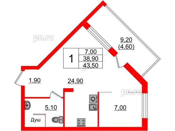 Квартира в ЖК «Вдохновение» ЭКОквартал «Русская Европа», 1 комнатная, 43.5 м², 7 этаж