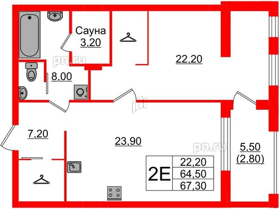 Квартира в ЖК «Вдохновение» ЭКОквартал «Русская Европа», 1 комнатная, 67.3 м², 8 этаж