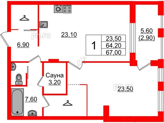 Квартира в ЖК «Вдохновение» ЭКОквартал «Русская Европа», 1 комнатная, 67.3 м², 8 этаж