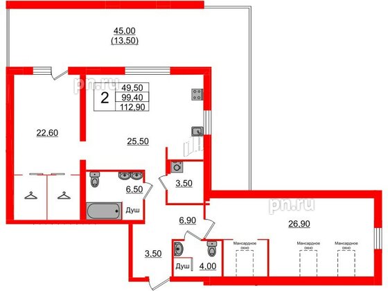 Квартира в ЖК «Вдохновение» ЭКОквартал «Русская Европа», 2 комнатная, 112.9 м², 11 этаж