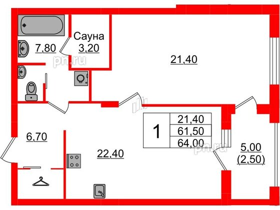 Квартира в ЖК «Вдохновение» ЭКОквартал «Русская Европа», 1 комнатная, 64 м², 9 этаж