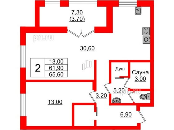 Квартира в ЖК «Вдохновение» ЭКОквартал «Русская Европа», 2 комнатная, 65.6 м², 11 этаж