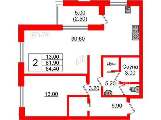 Квартира в ЖК «Вдохновение» ЭКОквартал «Русская Европа», 2 комнатная, 64.4 м², 12 этаж