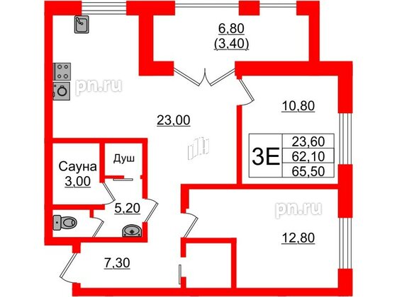 Квартира в ЖК «Вдохновение» ЭКОквартал «Русская Европа», 2 комнатная, 65.5 м², 11 этаж