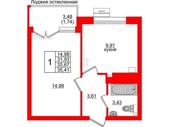 Квартира в ЖК Lake City-11, 1 комнатная, 33.67 м², 1 этаж