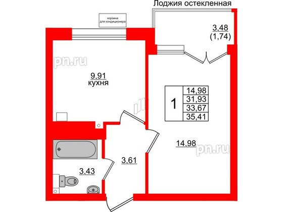 Квартира в ЖК Lake City-11, 1 комнатная, 33.67 м², 1 этаж