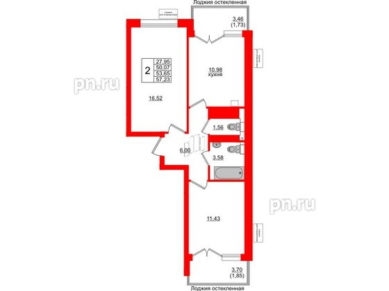 Квартира в ЖК Lake City-11, 2 комнатная, 53.65 м², 1 этаж