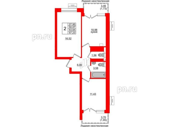 Квартира в ЖК Lake City-11, 2 комнатная, 53.65 м², 6 этаж
