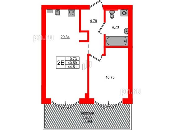 Квартира в ЖК «Включи», 1 комнатная, 44.51 м², 1 этаж