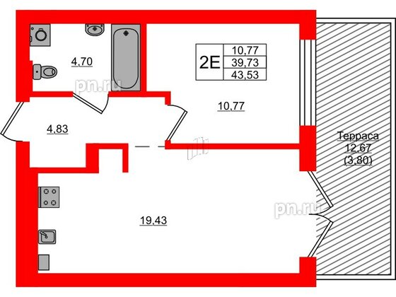 Квартира в ЖК «Включи», 1 комнатная, 43.53 м², 1 этаж