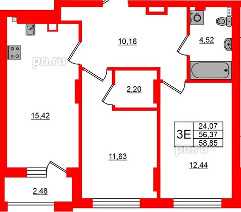 Квартира в ЖК «Новая история», 2 комнатная, 58.85 м², 1 этаж