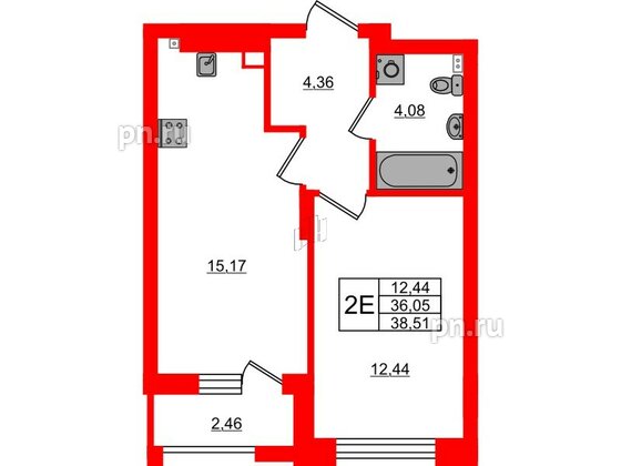 Квартира в ЖК «Новая история», 1 комнатная, 38.51 м², 3 этаж