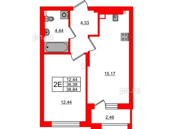 Квартира в ЖК «Новая история», 1 комнатная, 38.84 м², 3 этаж