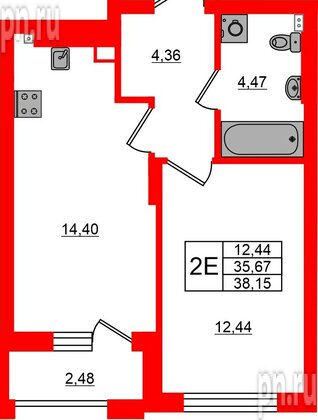 Квартира в ЖК «Новая история», 1 комнатная, 38.15 м², 3 этаж