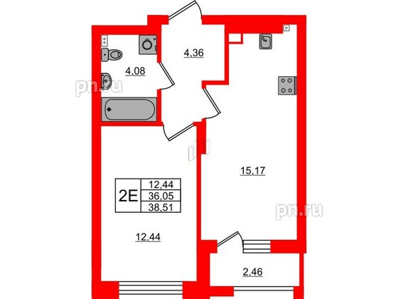 Квартира в ЖК «Новая история», 1 комнатная, 38.51 м², 3 этаж