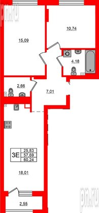 Квартира в ЖК «Новая история», 2 комнатная, 60.24 м², 2 этаж