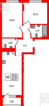 Квартира в ЖК «Новая история», 2 комнатная, 60.24 м², 3 этаж