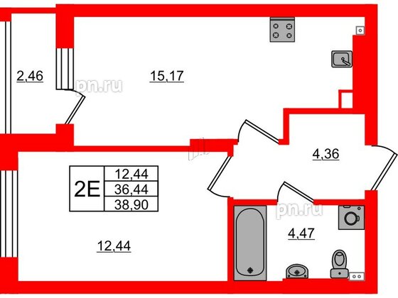 Квартира в ЖК «Новая история», 1 комнатная, 38.9 м², 3 этаж