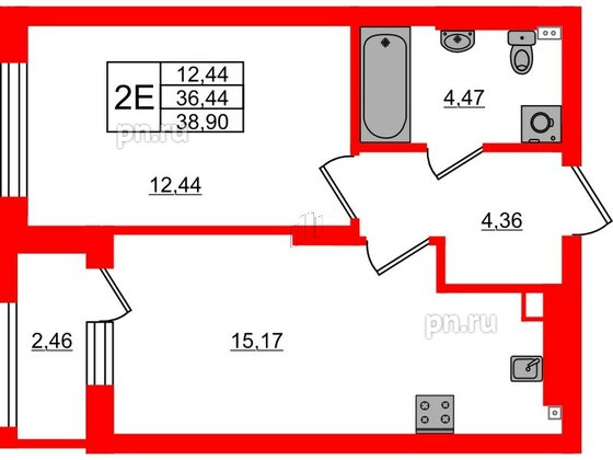 Квартира в ЖК «Новая история», 1 комнатная, 38.9 м², 2 этаж