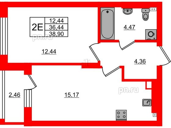 Квартира в ЖК «Новая история», 1 комнатная, 38.9 м², 4 этаж