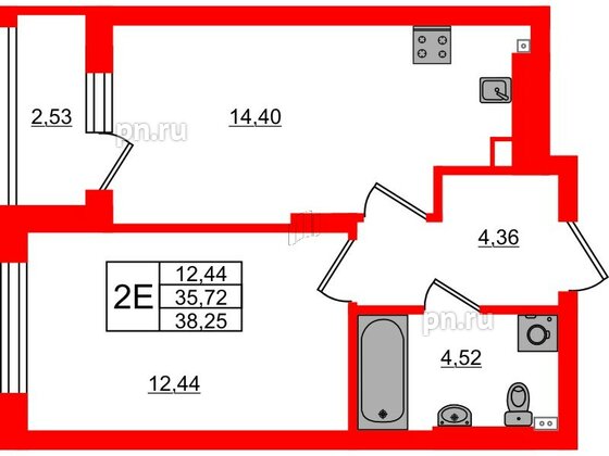 Квартира в ЖК «Новая история», 1 комнатная, 38.25 м², 1 этаж