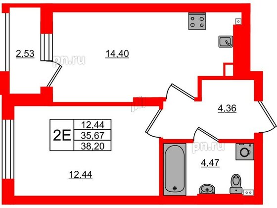 Квартира в ЖК «Новая история», 1 комнатная, 38.2 м², 2 этаж