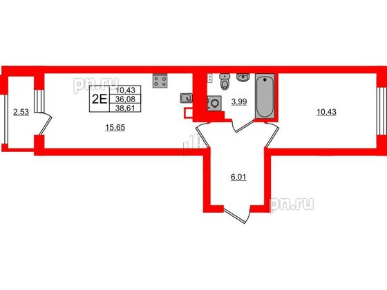 Квартира в ЖК «Новая история», 1 комнатная, 38.61 м², 3 этаж