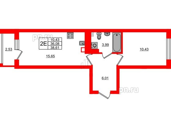 Квартира в ЖК «Новая история», 1 комнатная, 38.61 м², 5 этаж