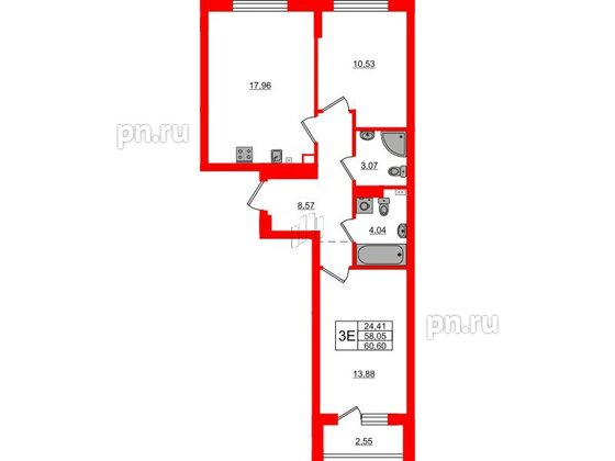 Квартира в ЖК «Новая история», 2 комнатная, 60.6 м², 1 этаж