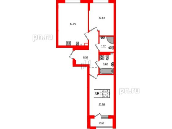 Квартира в ЖК «Новая история», 2 комнатная, 60.32 м², 4 этаж